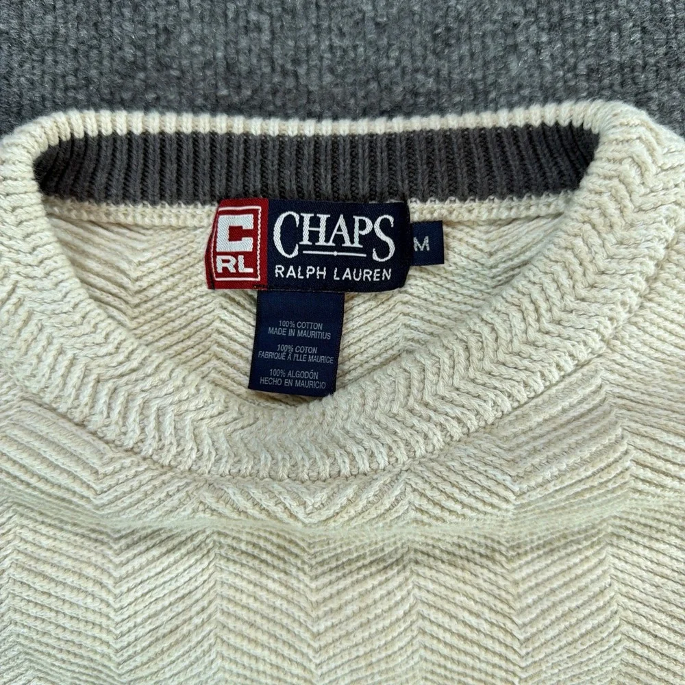 Chaps Ralph Lauren Mens Medium Cream Chevron Knit Crewneck Cotton Sweater Chunky